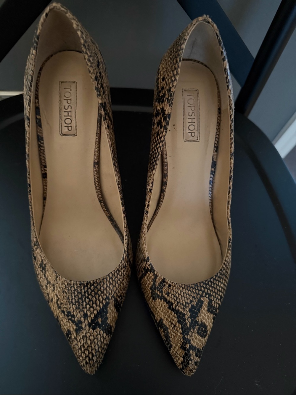 Topshop Snake-Print Pointed Pumps in Tan and Black